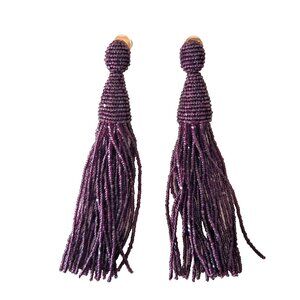Oscar de la Renta Long Beaded Tassel Clip on Earrings - Aubergine